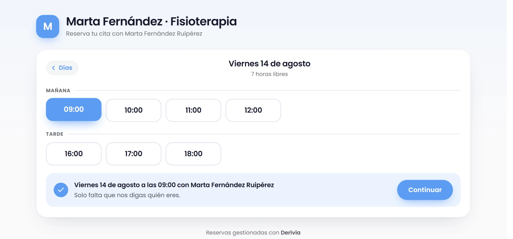 Horas libres en la página de reserva de cita online de un profesional autónomo en Derivia
