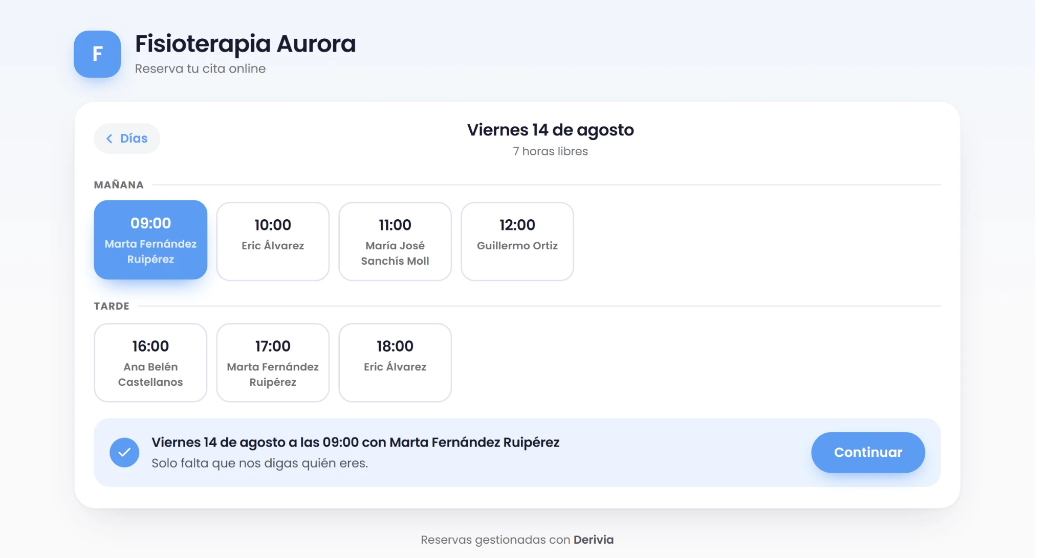 Horas libres en la página de reserva de cita online de un centro en Derivia